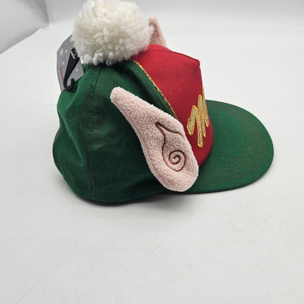 Christmas Elf Merry Hat Cap Snap Back One‎ Size Green Red Pom Pom Ears Glitter - Picture 7 of 11